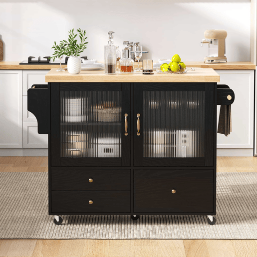Ilha de cozinha móvel - com rodas, mesa extensível, porta-copos e armazenamento - Preto e Natural