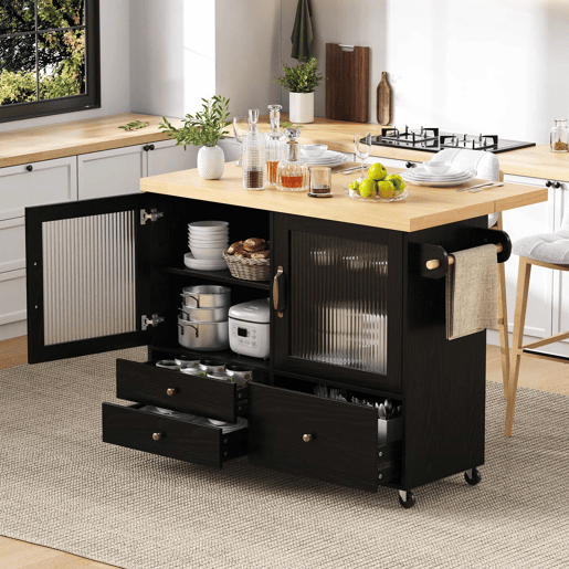 Ilha de cozinha móvel - com rodas, mesa extensível, porta-copos e armazenamento - Preto e Natural