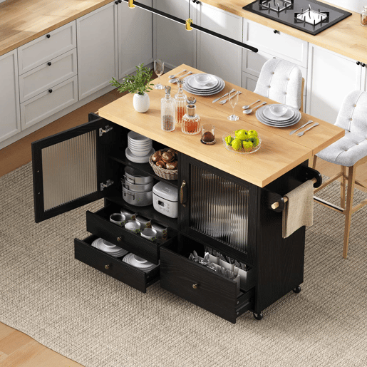Ilha de cozinha móvel - com rodas, mesa extensível, porta-copos e armazenamento - Preto e Natural