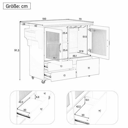 Ilha de cozinha móvel - com rodas, mesa extensível, porta-copos e armazenamento - Preto e Natural