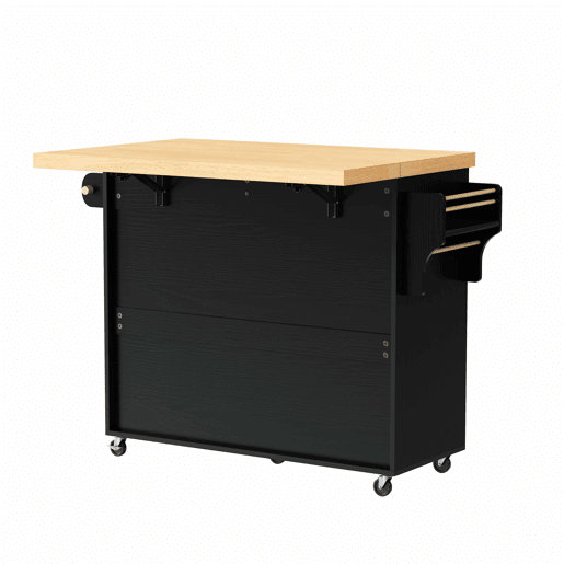 Ilha de cozinha móvel - com rodas, mesa extensível, porta-copos e armazenamento - Preto e Natural