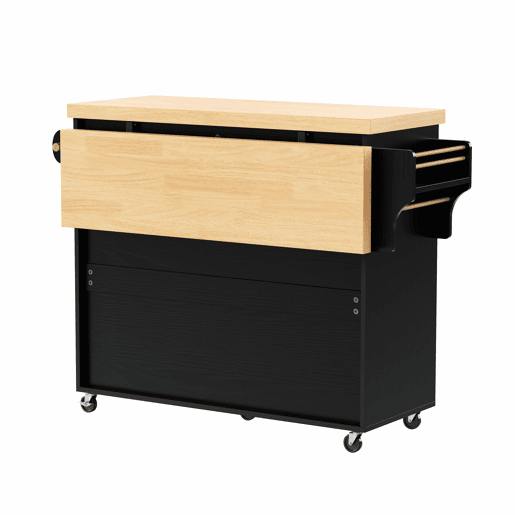 Ilha de cozinha móvel - com rodas, mesa extensível, porta-copos e armazenamento - Preto e Natural
