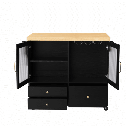 Ilha de cozinha móvel - com rodas, mesa extensível, porta-copos e armazenamento - Preto e Natural