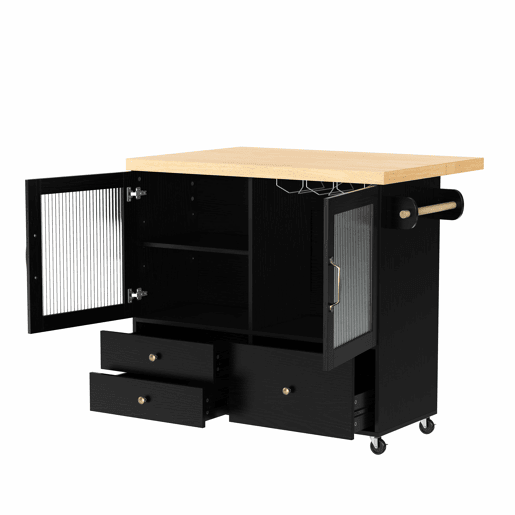 Ilha de cozinha móvel - com rodas, mesa extensível, porta-copos e armazenamento - Preto e Natural