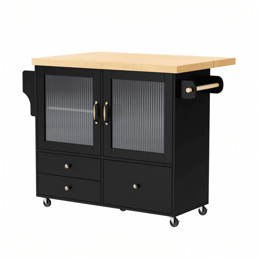 Ilha de cozinha móvel - com rodas, mesa extensível, porta-copos e armazenamento - Preto e Natural