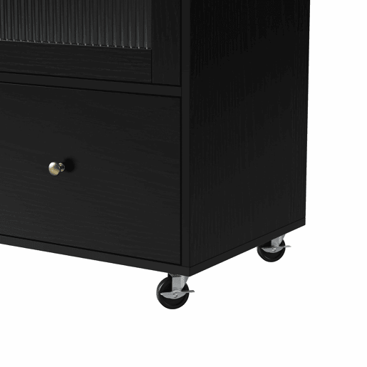 Ilha de cozinha móvel - com rodas, mesa extensível, porta-copos e armazenamento - Preto e Natural