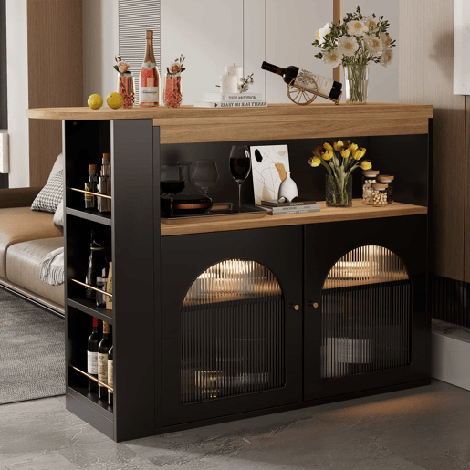 Aparador, armário de bar giratório e retrátil com LED - grande espaço de arrumação - estilo contemporâneo - Preto