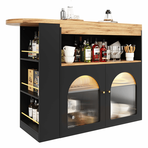 Aparador, armário de bar giratório e retrátil com LED - grande espaço de arrumação - estilo contemporâneo - Preto