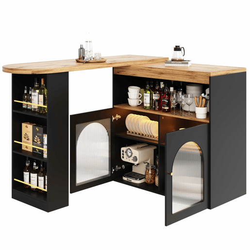 Aparador, armário de bar giratório e retrátil com LED - grande espaço de arrumação - estilo contemporâneo - Preto