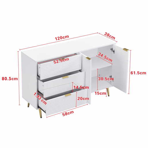 Aparador moderno - 2 portas e 3 gavetas - Branco
