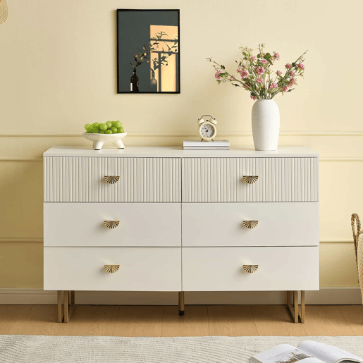Aparador moderno 120x40x75 cm - 6 gavetas, design elegante, MDF e aço, branco e detalhes dourados