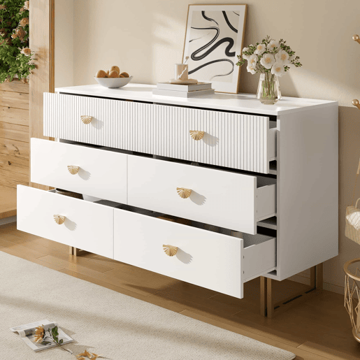 Aparador moderno 120x40x75 cm - 6 gavetas, design elegante, MDF e aço, branco e detalhes dourados