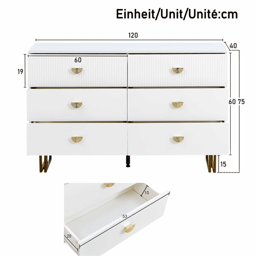 Aparador moderno 120x40x75 cm - 6 gavetas, design elegante, MDF e aço, branco e detalhes dourados