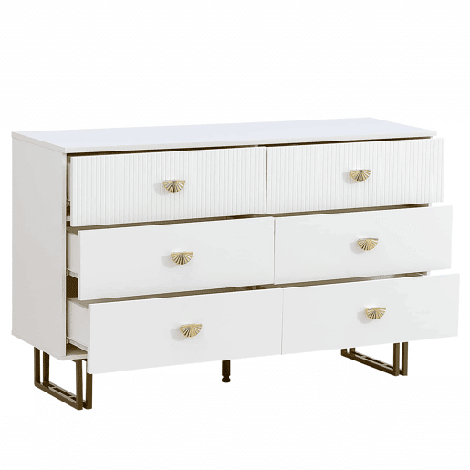 Aparador moderno 120x40x75 cm - 6 gavetas, design elegante, MDF e aço, branco e detalhes dourados