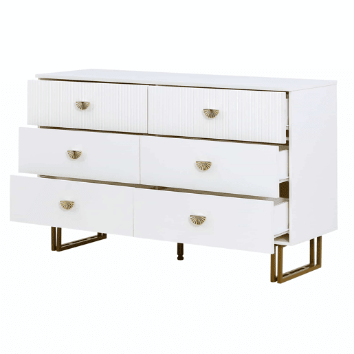 Aparador moderno 120x40x75 cm - 6 gavetas, design elegante, MDF e aço, branco e detalhes dourados
