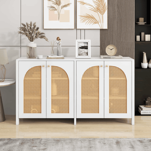 Aparador moderno com prateleiras reguláveis - portas de rotim - MDF - Branco