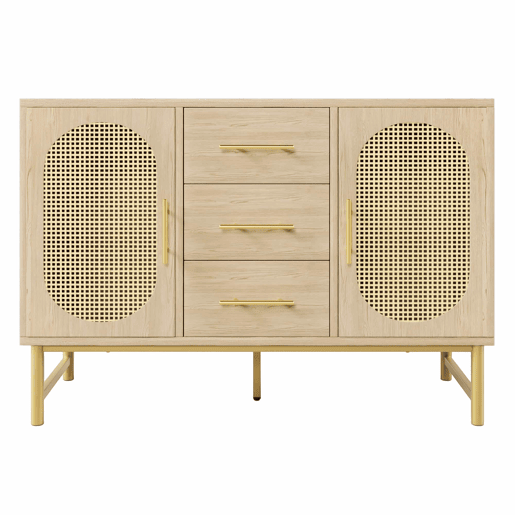 Cômoda Rattan 120x40x74 cm - 3 gavetas, 2 portas de rattan, prateleiras ajustáveis, Sonoma Roble