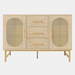 Cômoda Rattan 120x40x74 cm - 3 gavetas, 2 portas de rattan, prateleiras ajustáveis, Sonoma Roble