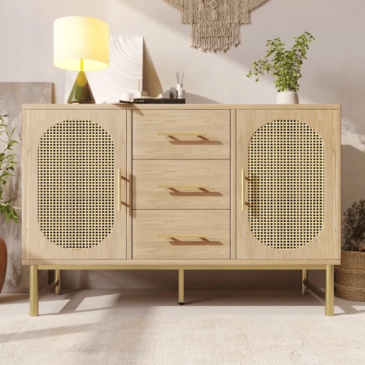 Cômoda Rattan 120x40x74 cm - 3 gavetas, 2 portas de rattan, prateleiras ajustáveis, Sonoma Roble