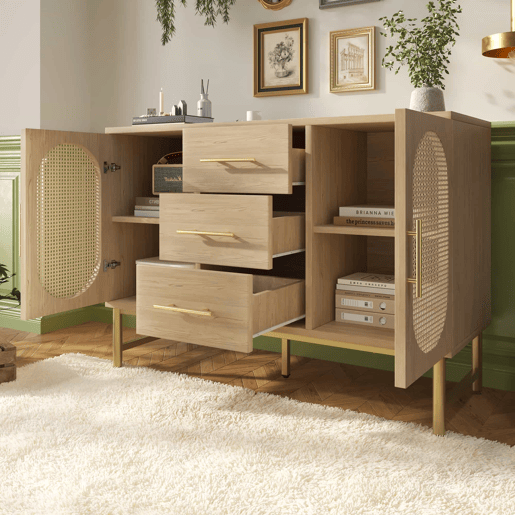 Cômoda Rattan 120x40x74 cm - 3 gavetas, 2 portas de rattan, prateleiras ajustáveis, Sonoma Roble
