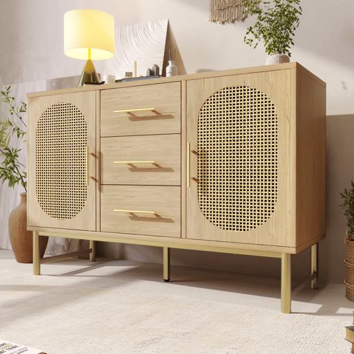Cômoda Rattan 120x40x74 cm - 3 gavetas, 2 portas de rattan, prateleiras ajustáveis, Sonoma Roble