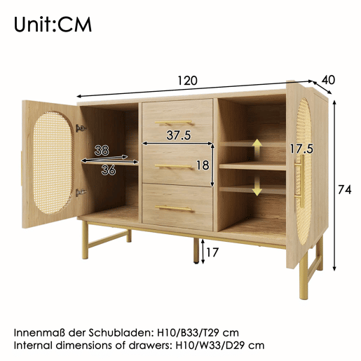 Cômoda Rattan 120x40x74 cm - 3 gavetas, 2 portas de rattan, prateleiras ajustáveis, Sonoma Roble