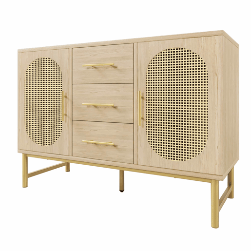 Cômoda Rattan 120x40x74 cm - 3 gavetas, 2 portas de rattan, prateleiras ajustáveis, Sonoma Roble
