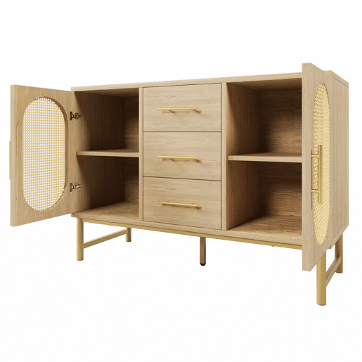 Cômoda Rattan 120x40x74 cm - 3 gavetas, 2 portas de rattan, prateleiras ajustáveis, Sonoma Roble