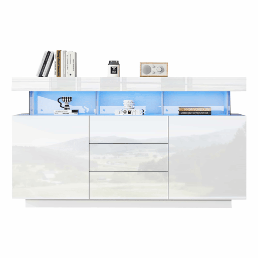 Aparador moderno 140x35x80 cm - Aparador de alto brilho, barra de café, acrílico com luz LED multicolorida - Branco