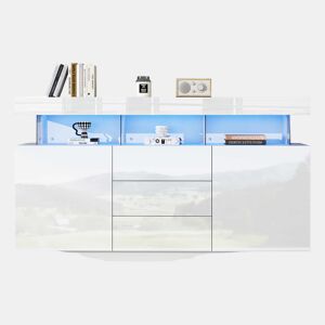 Aparador moderno 140x35x80 cm - Aparador de alto brilho, barra de café, acrílico com luz LED multicolorida - Branco