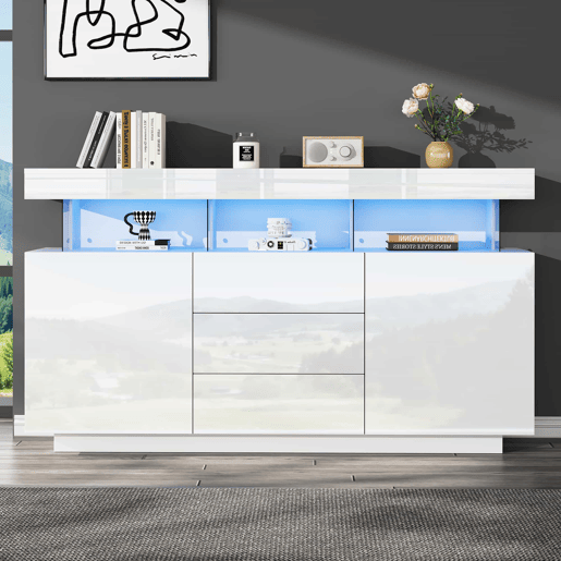 Aparador moderno 140x35x80 cm - Aparador de alto brilho, barra de café, acrílico com luz LED multicolorida - Branco