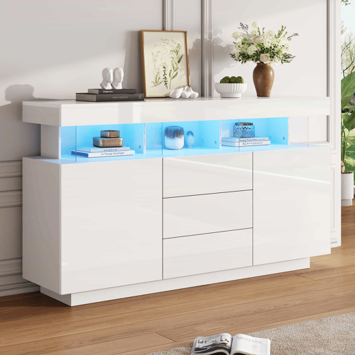 Aparador moderno 140x35x80 cm - Aparador de alto brilho, barra de café, acrílico com luz LED multicolorida - Branco