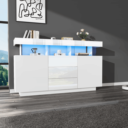Aparador moderno 140x35x80 cm - Aparador de alto brilho, barra de café, acrílico com luz LED multicolorida - Branco