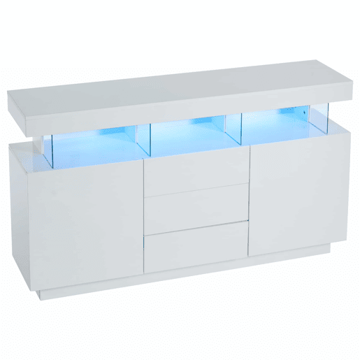 Aparador moderno 140x35x80 cm - Aparador de alto brilho, barra de café, acrílico com luz LED multicolorida - Branco