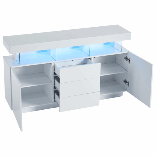 Aparador moderno 140x35x80 cm - Aparador de alto brilho, barra de café, acrílico com luz LED multicolorida - Branco