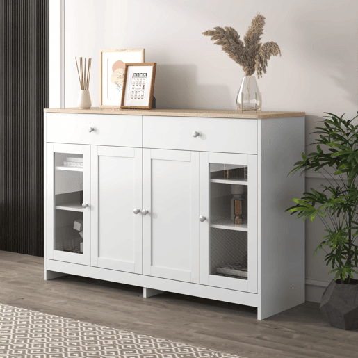 Aparador com 2 gavetas e portas de vidro - para sala de estar e sala de jantar - Branco