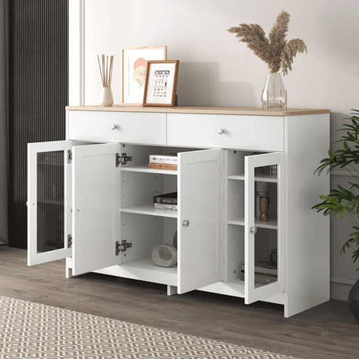 Aparador com 2 gavetas e portas de vidro - para sala de estar e sala de jantar - Branco