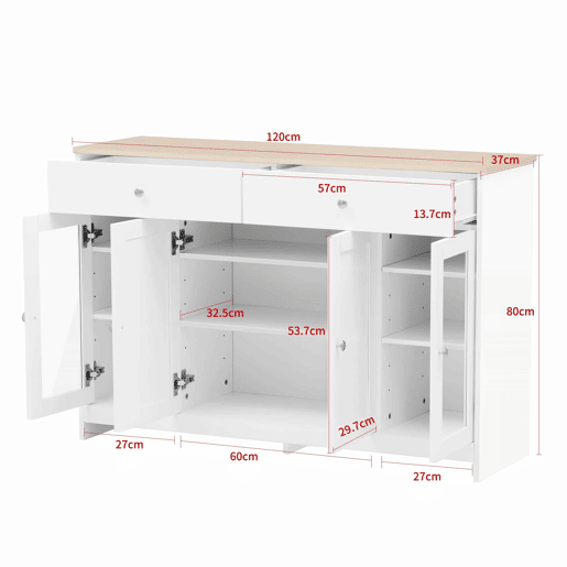 Aparador com 2 gavetas e portas de vidro - para sala de estar e sala de jantar - Branco