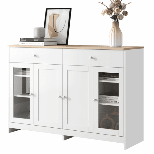 Aparador com 2 gavetas e portas de vidro - para sala de estar e sala de jantar - Branco