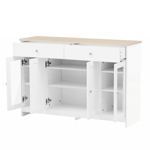 Aparador com 2 gavetas e portas de vidro - para sala de estar e sala de jantar - Branco