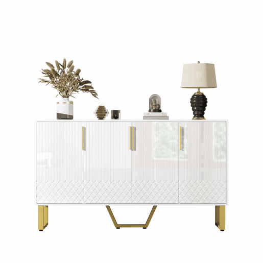 Aparador 140x40x80 cm - Design geométrico, 4 portas, com puxadores e pés em metal - Branco