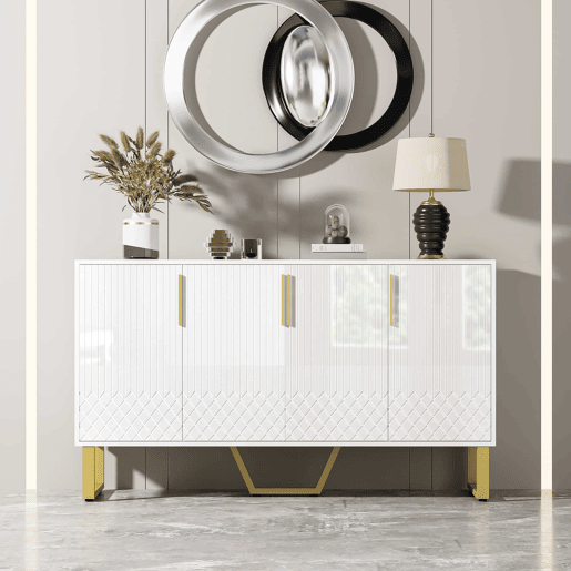 Aparador 140x40x80 cm - Design geométrico, 4 portas, com puxadores e pés em metal - Branco