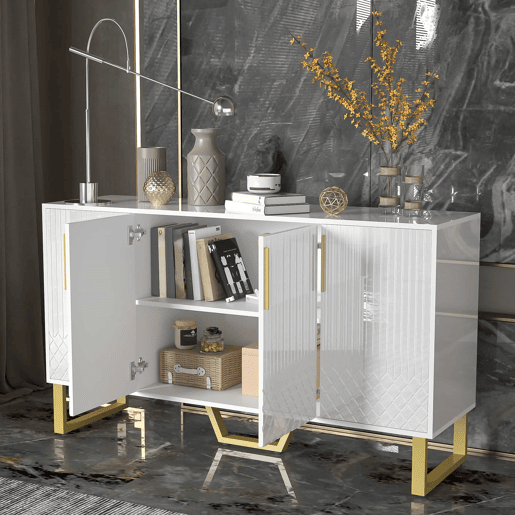 Aparador 140x40x80 cm - Design geométrico, 4 portas, com puxadores e pés em metal - Branco