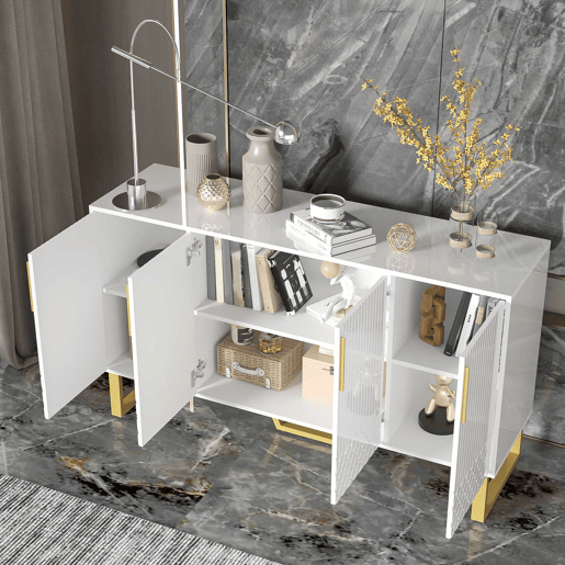 Aparador 140x40x80 cm - Design geométrico, 4 portas, com puxadores e pés em metal - Branco