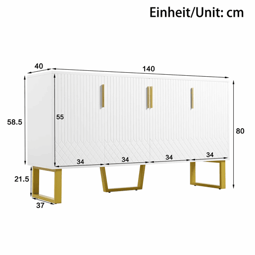 Aparador 140x40x80 cm - Design geométrico, 4 portas, com puxadores e pés em metal - Branco