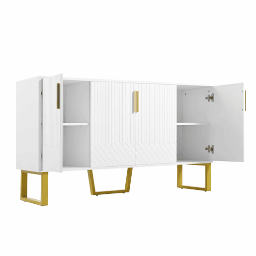 Aparador 140x40x80 cm - Design geométrico, 4 portas, com puxadores e pés em metal - Branco