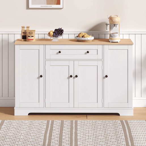 Buffet multifuncional 138 cm - Com gaveta, portas com prateleiras e prateleiras ajustáveis - Design moderno com proteção antiderrapante
