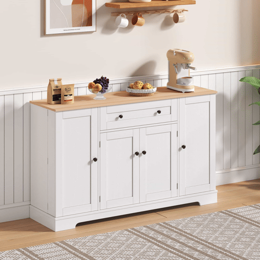 Buffet multifuncional 138 cm - Com gaveta, portas com prateleiras e prateleiras ajustáveis - Design moderno com proteção antiderrapante