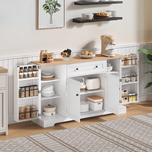 Buffet multifuncional 138 cm - Com gaveta, portas com prateleiras e prateleiras ajustáveis - Design moderno com proteção antiderrapante