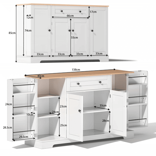 Buffet multifuncional 138 cm - Com gaveta, portas com prateleiras e prateleiras ajustáveis - Design moderno com proteção antiderrapante